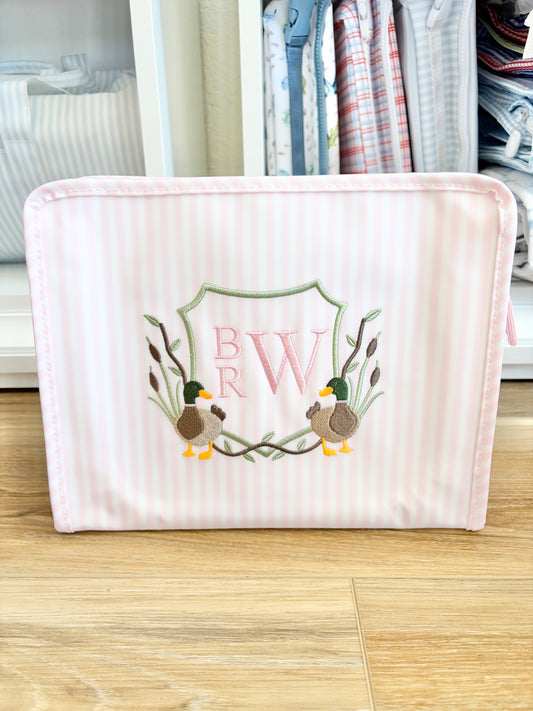 TRVL Pink Stripe Large Roadie- Duck Crest & Stacked Initials