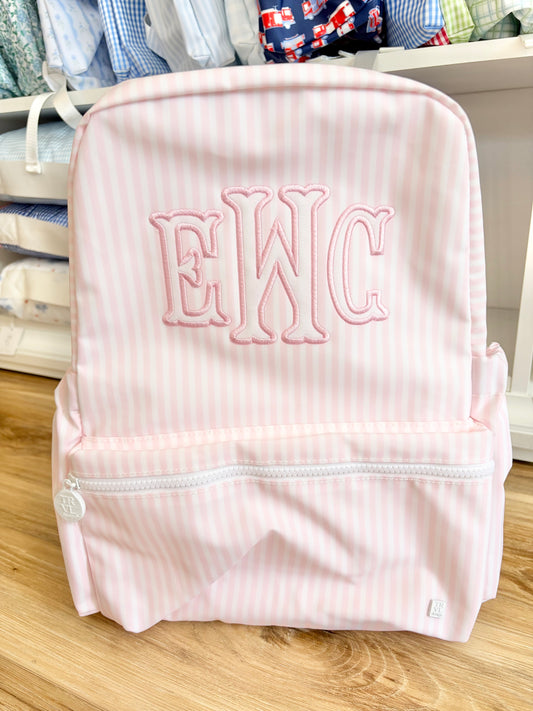 TRVL Pimlico Pink Stripe Backpack with 3 Initials in White and Pink
