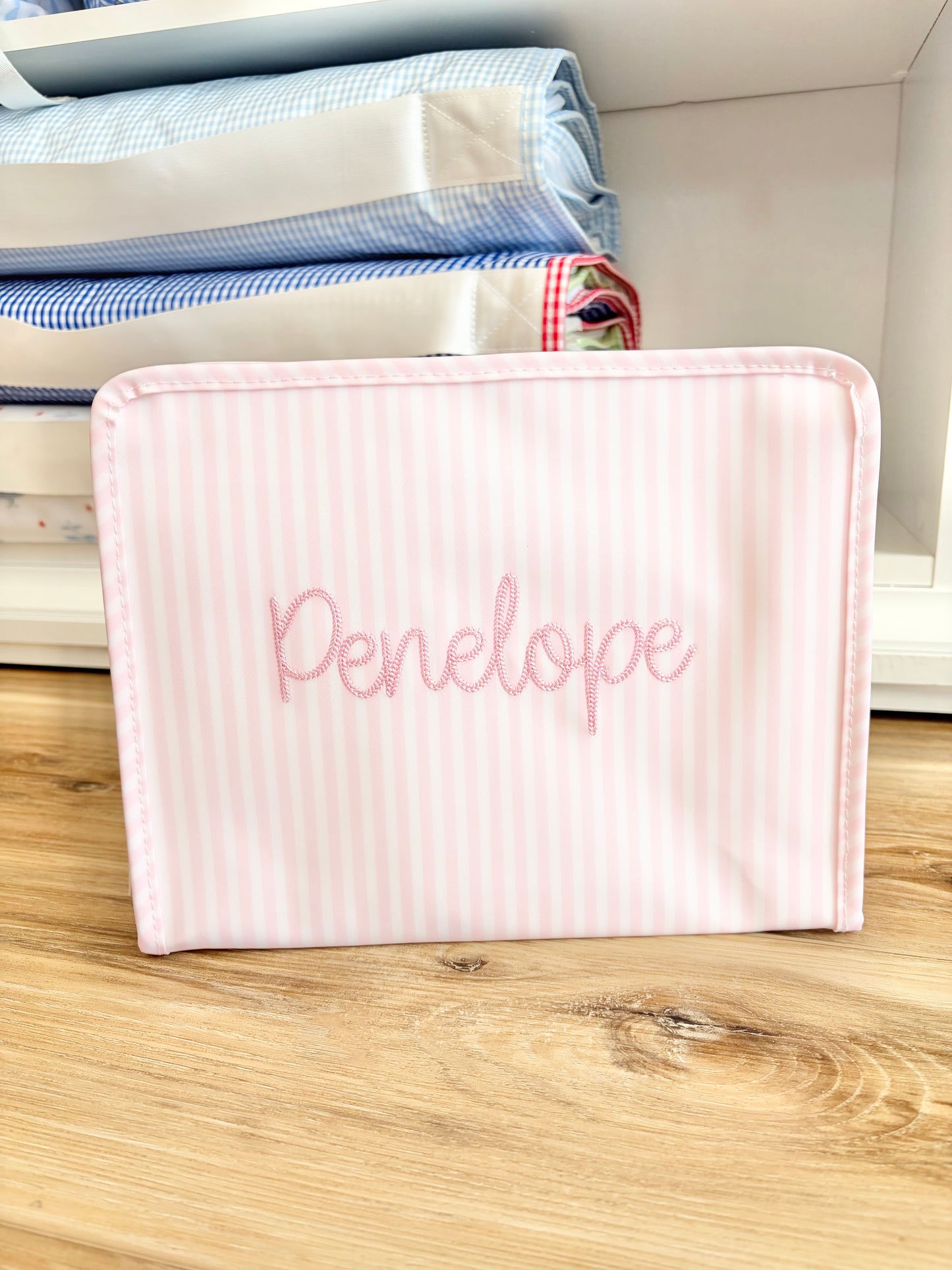 TRVL Pimlico Pink Stripe Large Roadie with Sawyer Font
