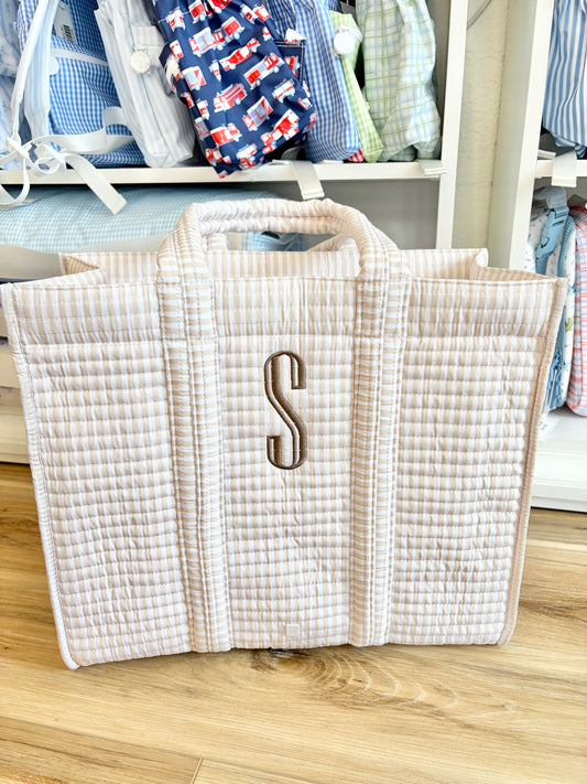 TRVL Pimlico Sand Stripe Quilted Tote with Brown Initial