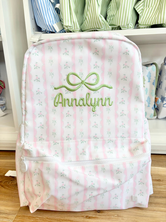 TRVL Pink Ribbon Floral Backpack- Ellie Font Name with Bow