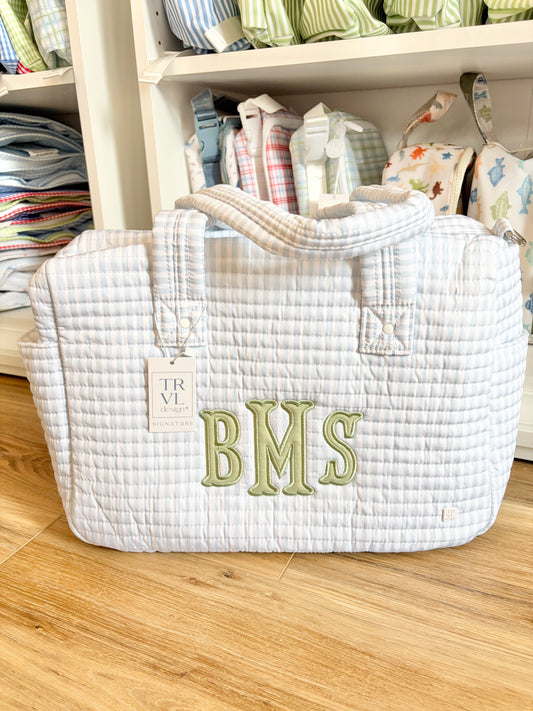 TRVL Blue Pimlico Stripe Quilted Stroller Bag- Triple Applique Monogram