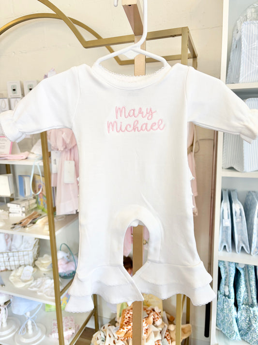 White Ruffle Booty Romper - Bubbly Font Name