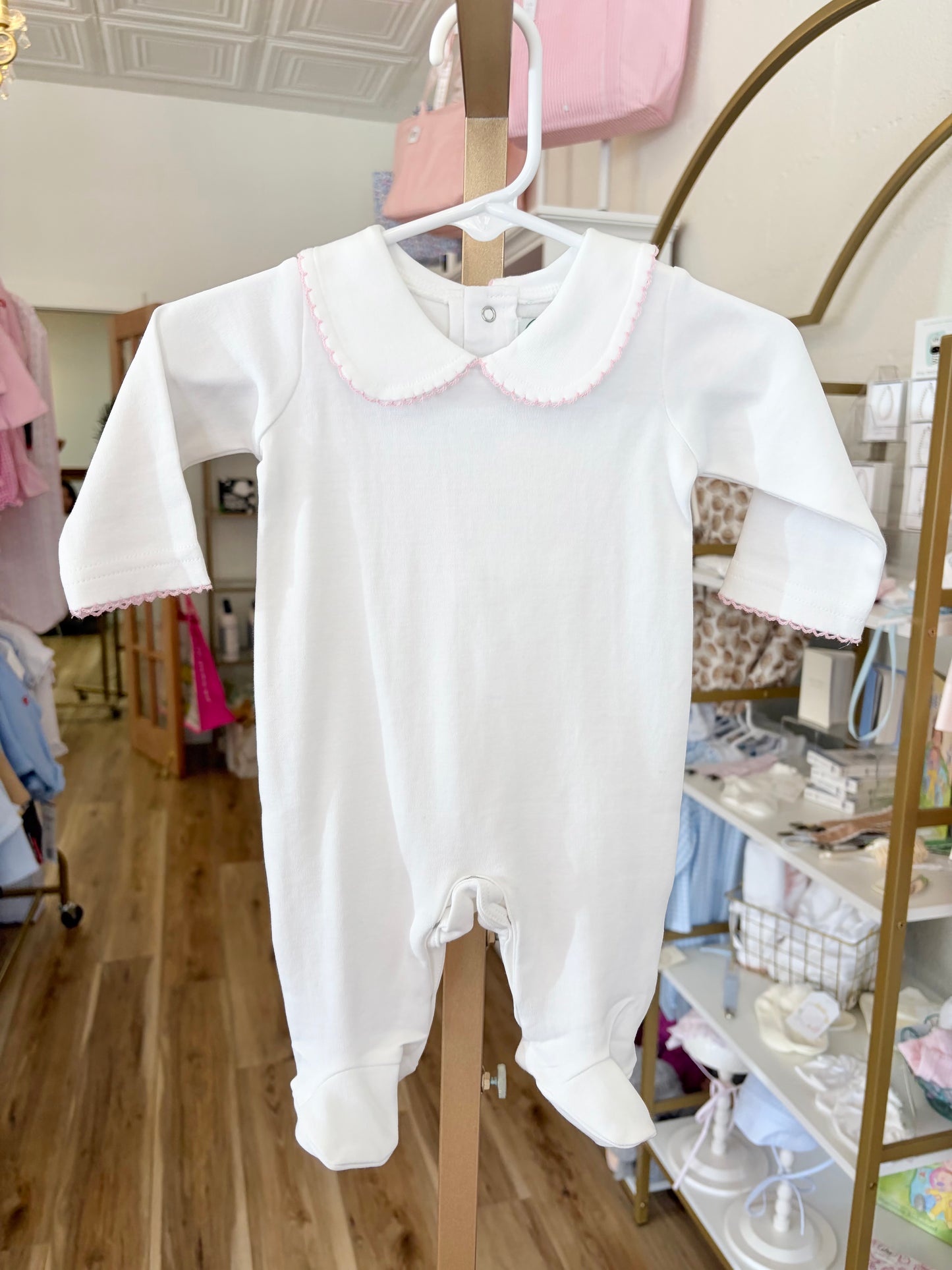 White with Pink Trim Collar Footie