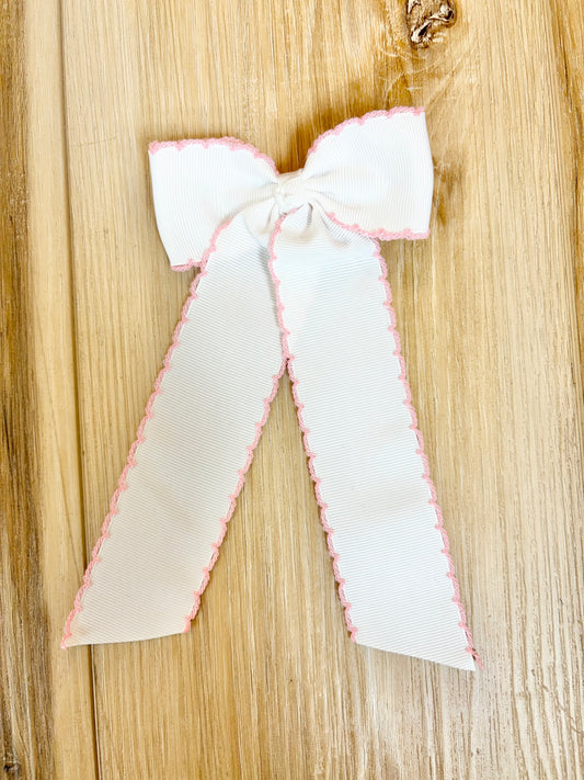 Long Tail White with Medium Pink Trim Hair Embroidered Hair Bow