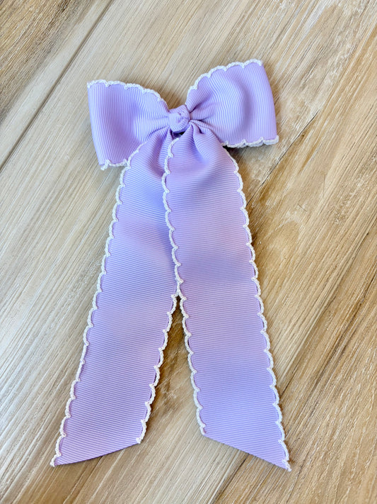 Long Tail Light Purple with White Trim Hair Embroidered Hair Bow
