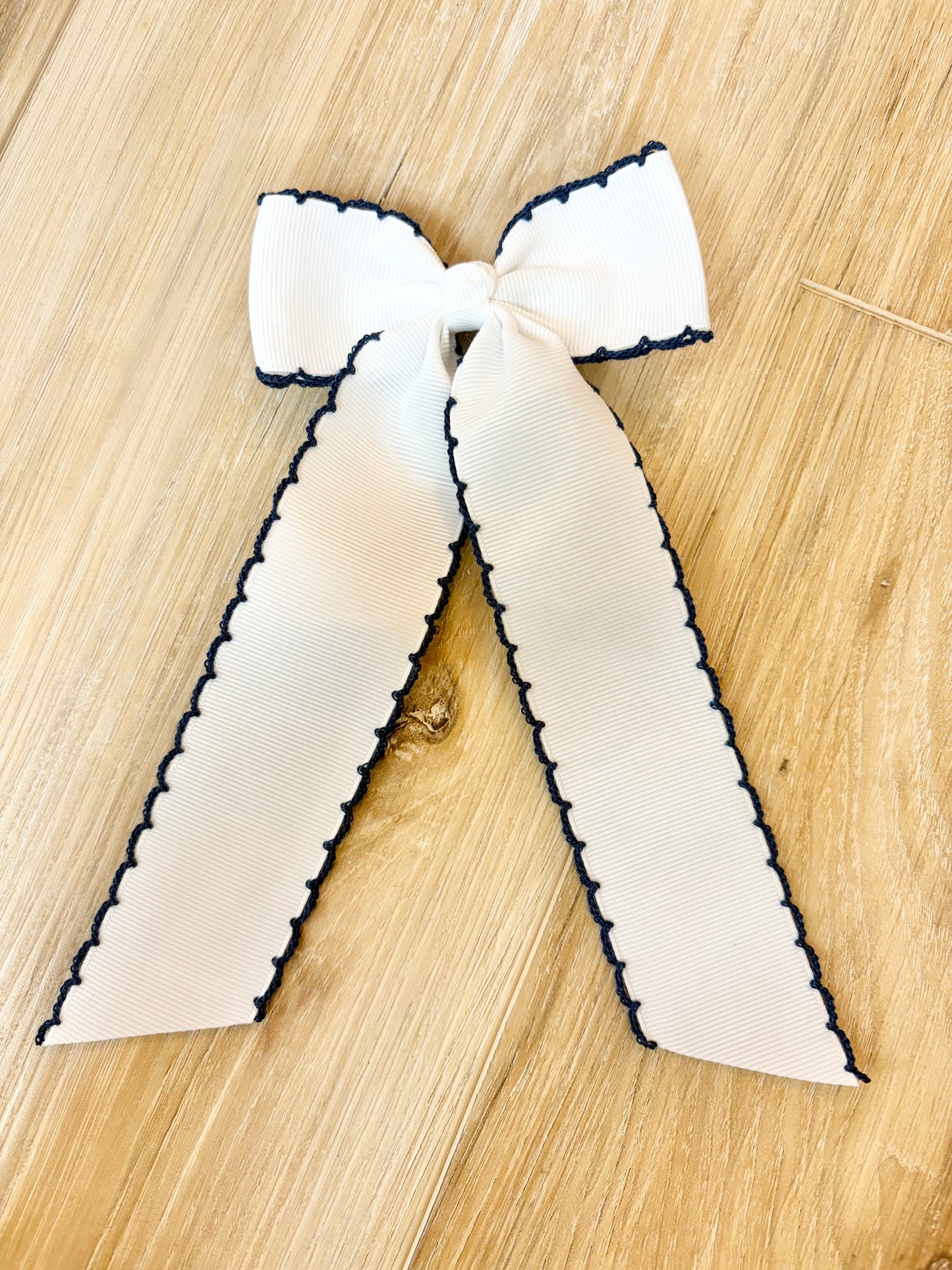 Long Tail White with Navy Trim Hair Embroidered Hair Bow
