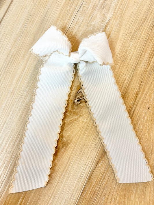 Long Tail White with Tan Trim Hair Embroidered Hair Bow