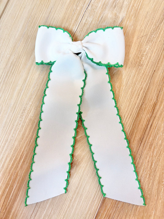 Long Tail White with Green Trim Hair Bow