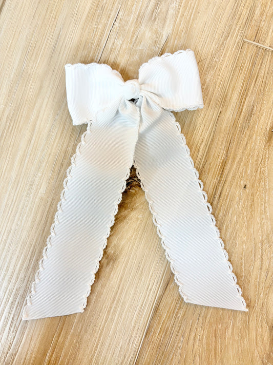Long Tail White with White Trim Hair Embroidered Hair Bow