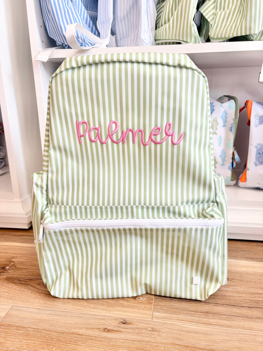 TRVL Sage Stripe Backpack- Bubbly Font Name