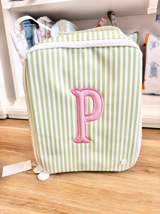 TRVL Sage Stripe Insulated Lunch Box with Single Initial Applique