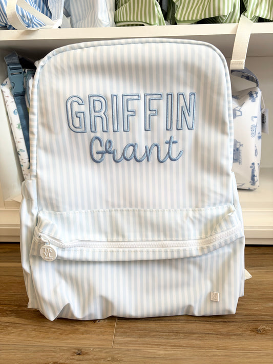 TRVL Blue Stripe Backpack- Miller- Bubbly Font Name