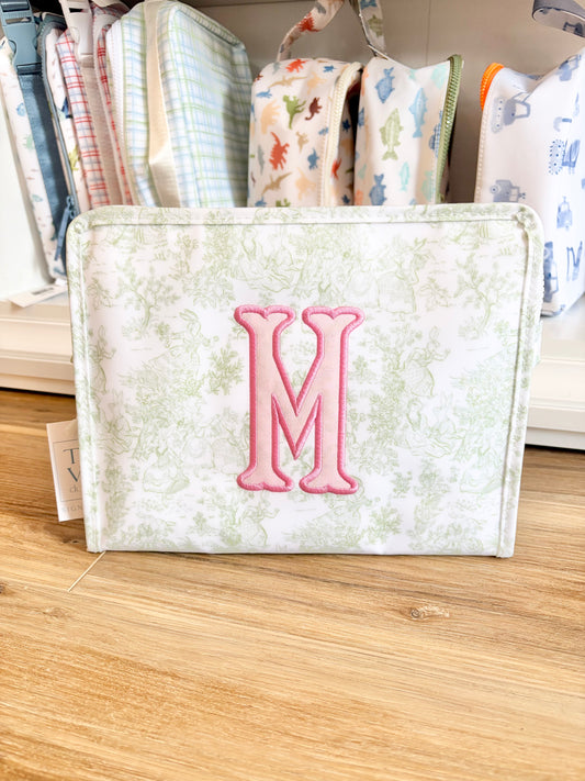 TRVL Green Bunny Toile Large Roadie with Single Initial Applique