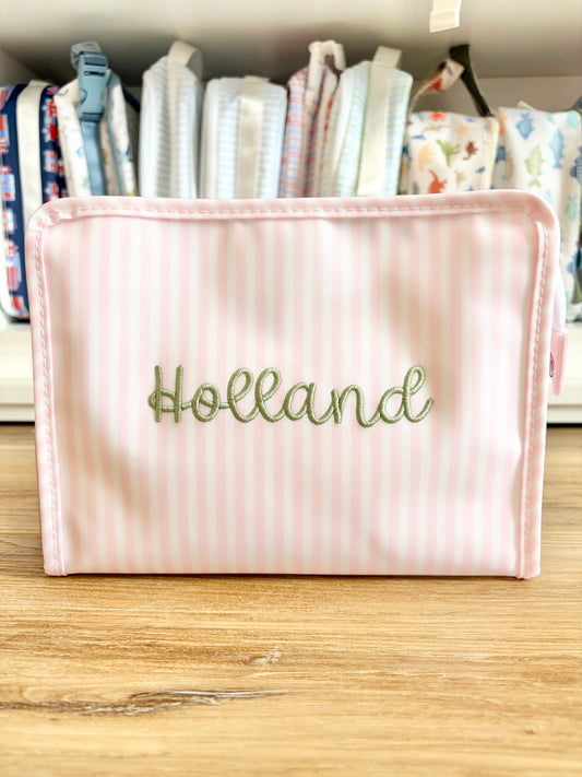 TRVL Pimlico Pink Stripe Large Roadie with Bubbly Font Name