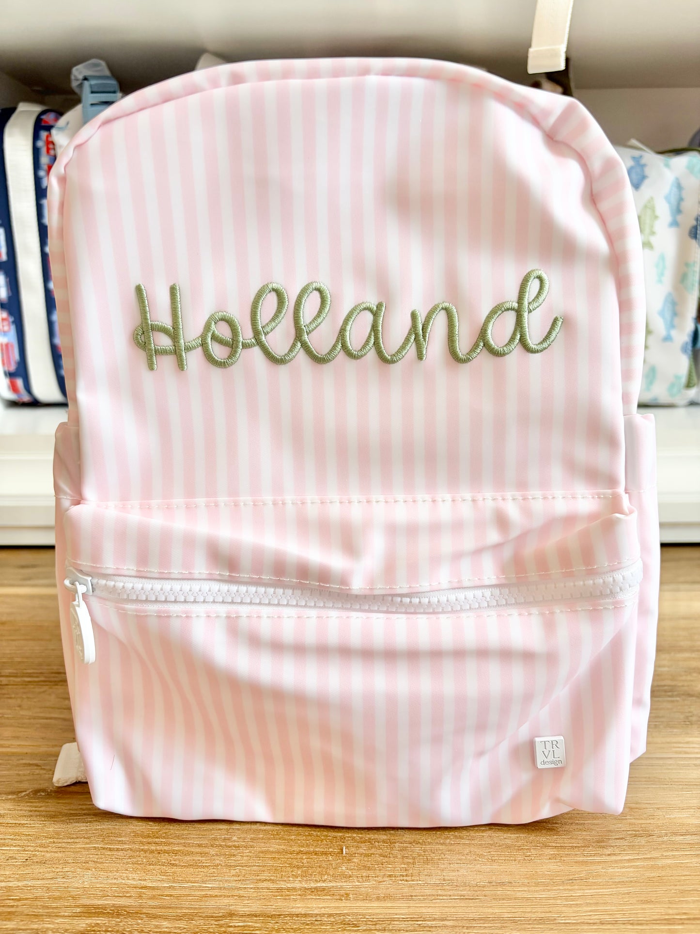 TRVL Pimlico Pink Stripe Mini Backpack with Bubbly Font Name