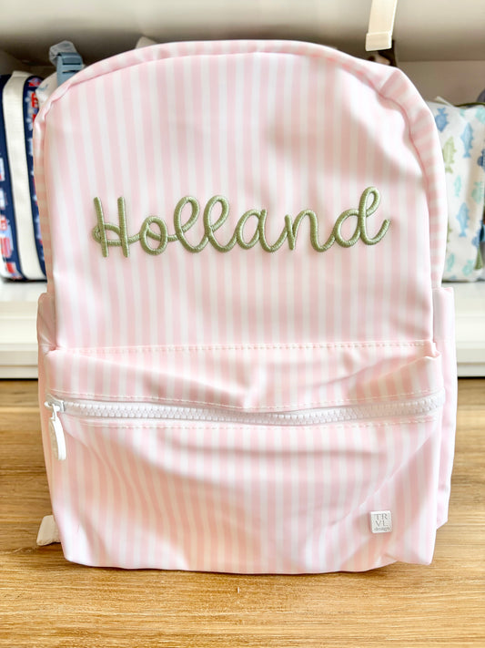 TRVL Pimlico Pink Stripe Mini Backpack with Bubbly Font Name