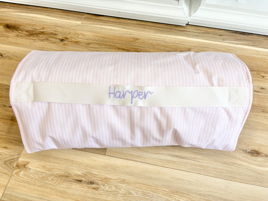 TRVL Pimlico Pink Stripe Nap Mat with Sawyer Font