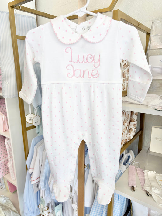 Pink Dot Collar Footie - Baby Font Name