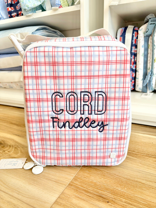 TRVL Classic Red Plaid Insulated Lunch Box with Miller Bubbly Font