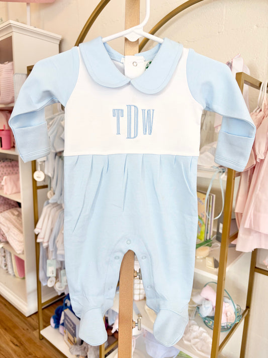 Solid Blue Collar Footie - Graved Monogram