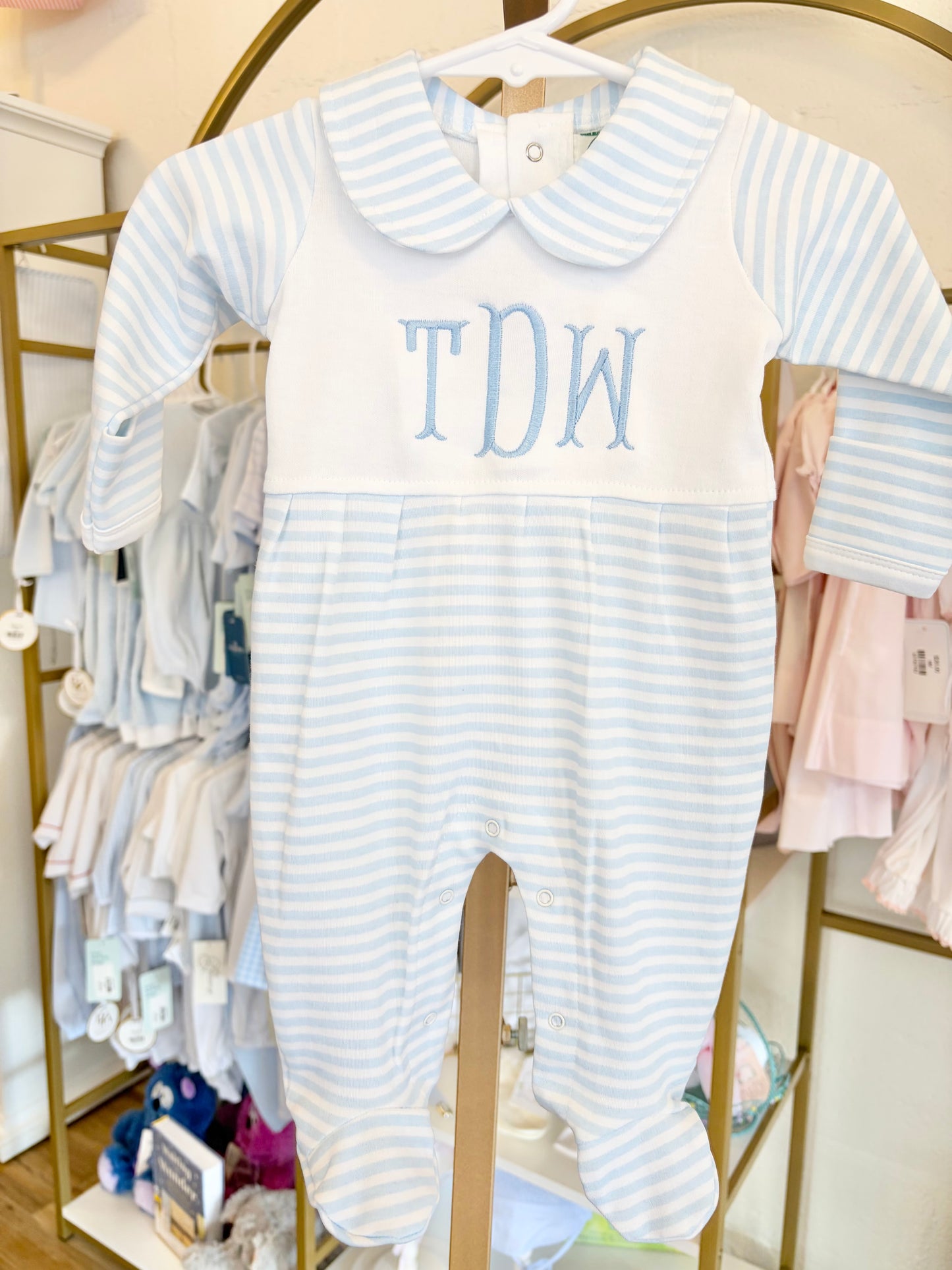 Blue Stripe Collar Footie - Fishtail Monogram