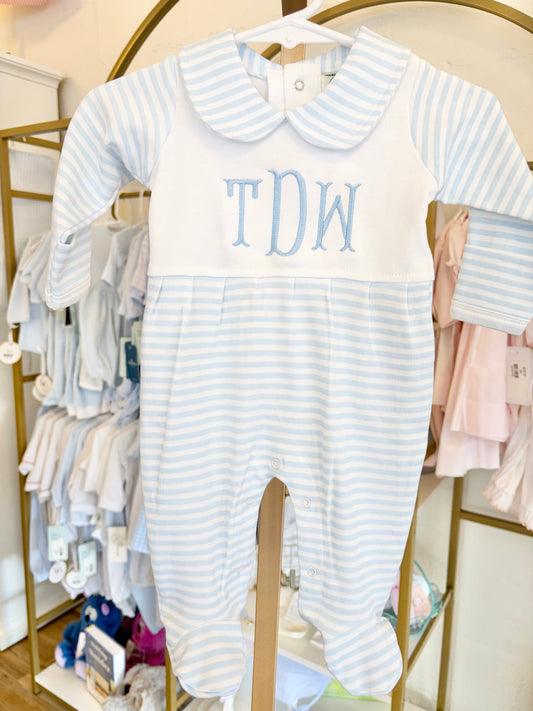Blue Stripe Collar Footie - Fishtail Monogram