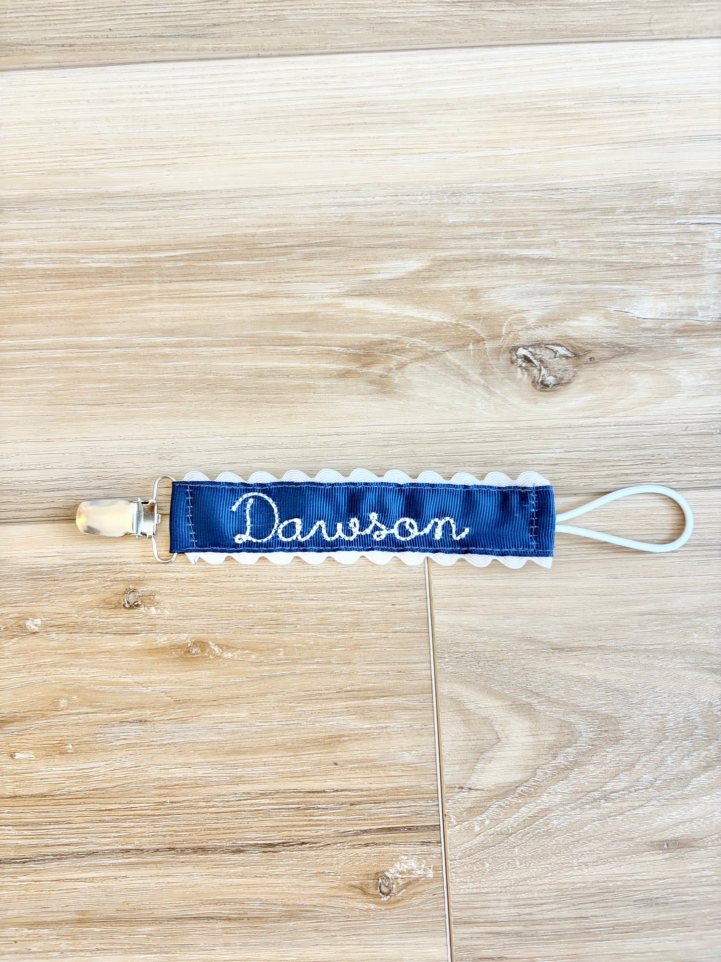 Navy Grosgrain Solid Paci Clip- Beckham Font