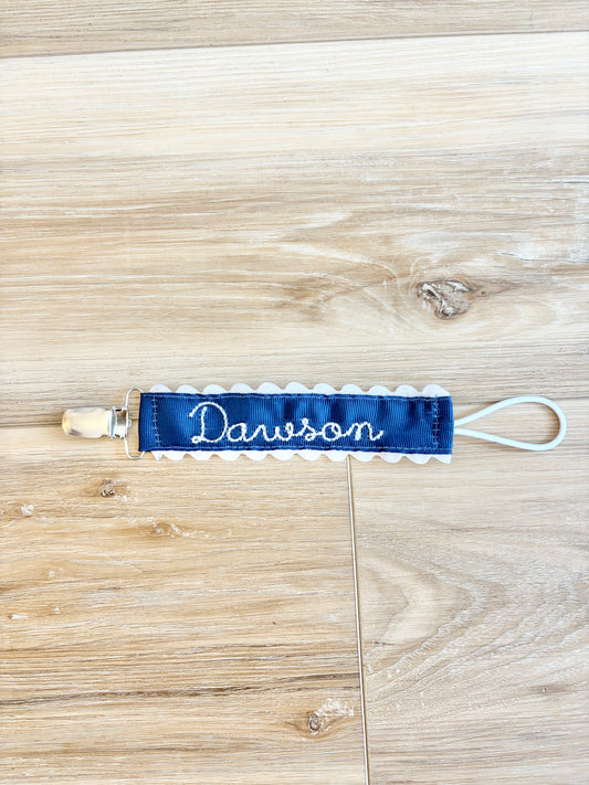 Navy Grosgrain Solid Paci Clip- Beckham Font