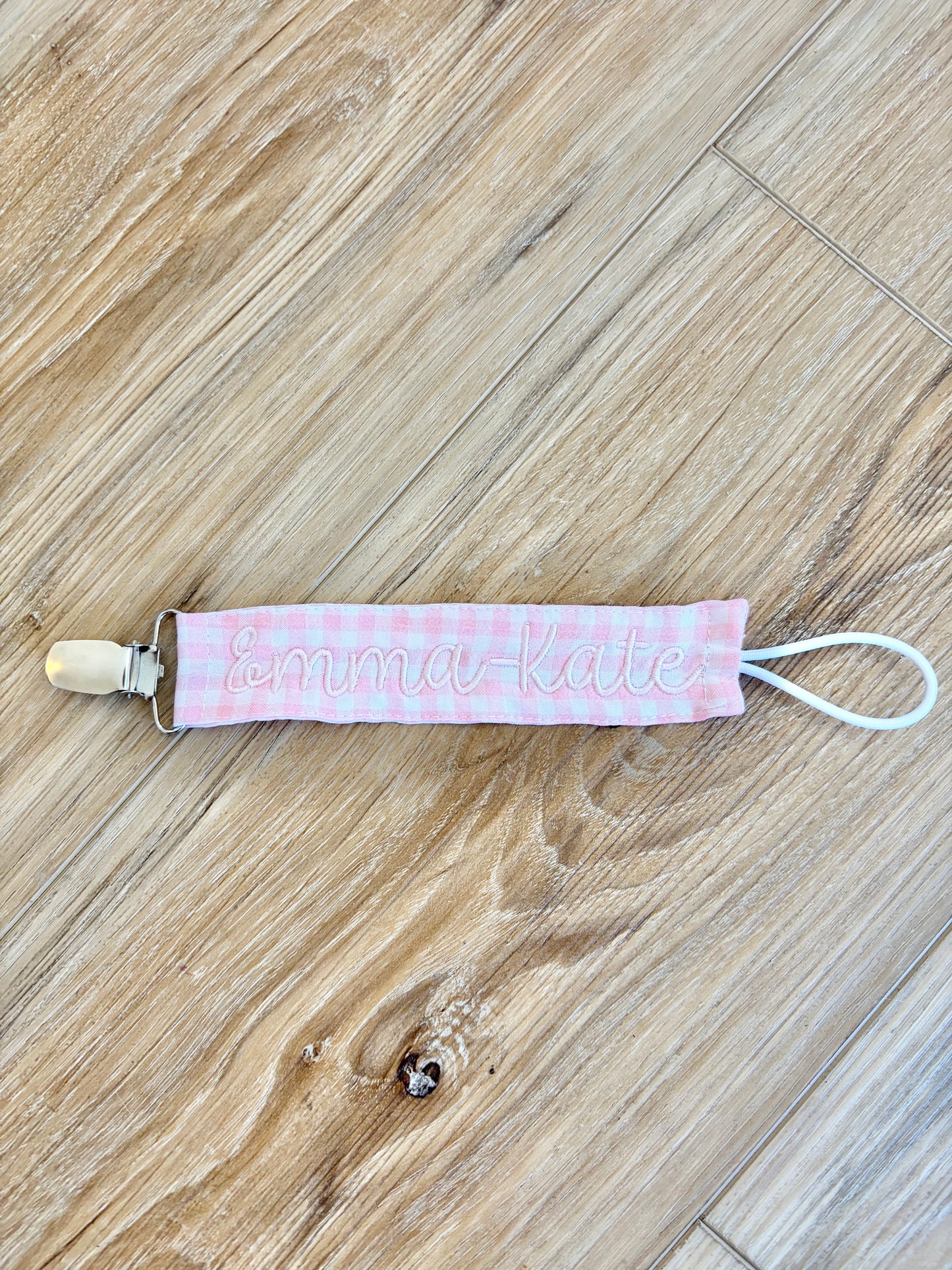 Pink Gingham Paci Clip with Bubbly Font