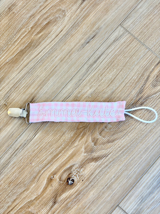Pink Gingham Paci Clip with Bubbly Font