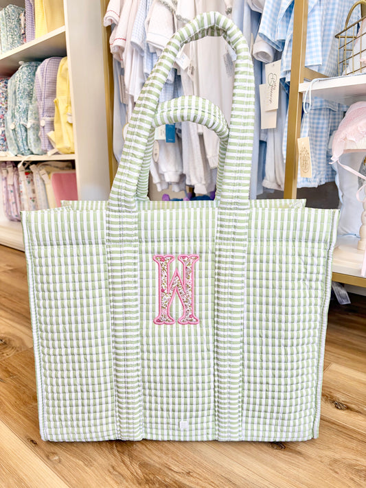 TRVL Sage Stripe Quilted Tote with Single Initial Applique