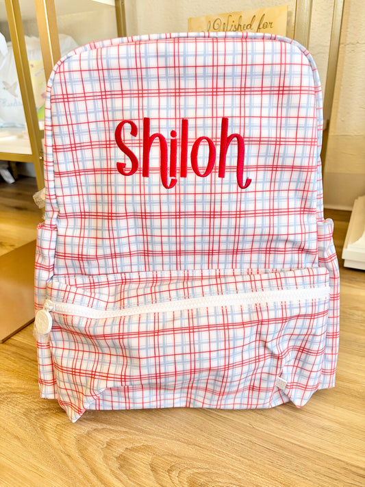 TRVL Classic Red Plaid Backpack with Susie Font