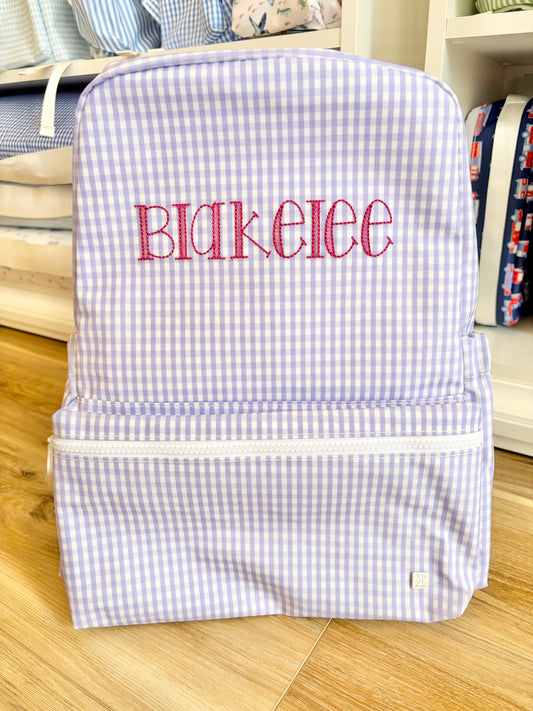 TRVL Lilac Gingham Backpack with Blake Font