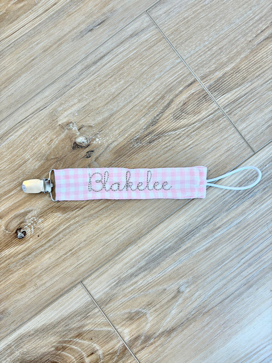 Pink Gingham Paci Clip with Beckham Font