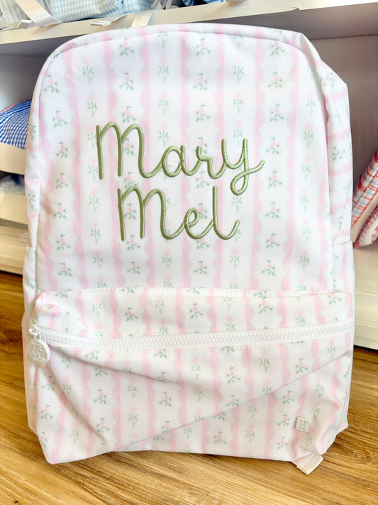 TRVL Pink Ribbon Floral Backpack- Kathleen Font Name