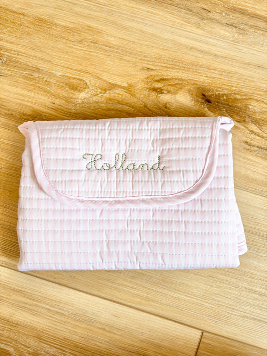 TRVL Pimlico Pink Stripe Quilted Changing Mat with Beckham Font