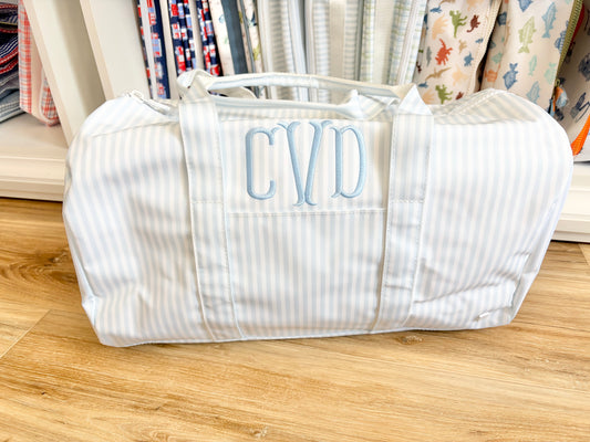 TRVL Pimlico Blue Stripe Weekender Duffle Bag with Fishtail Font
