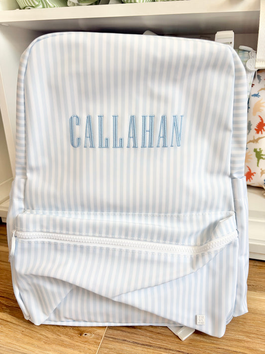 TRVL Pimlico Blue Stripe Backpack with Graved Font