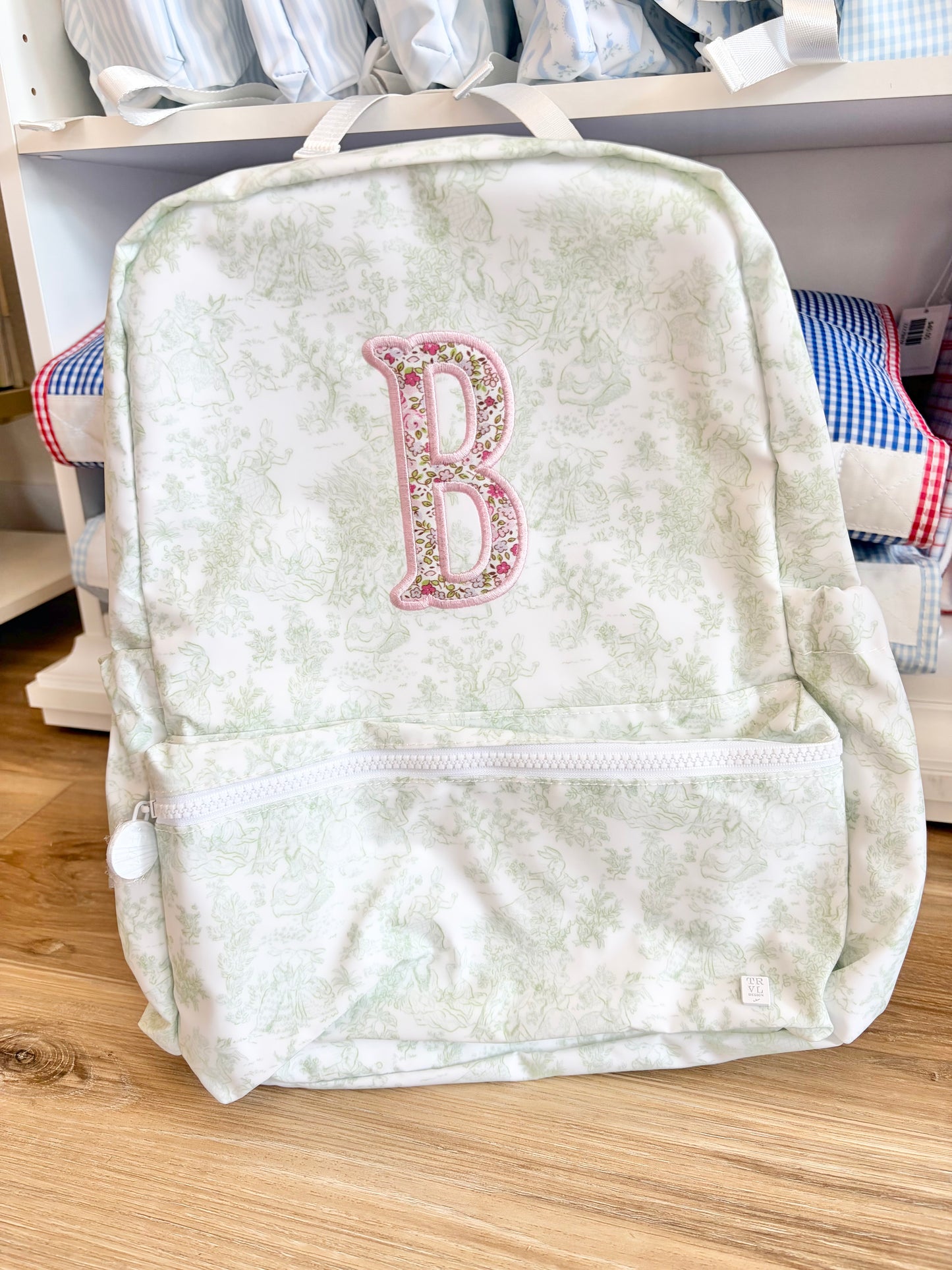TRVL Green Bunny Toile Backpack with Single Initial applique