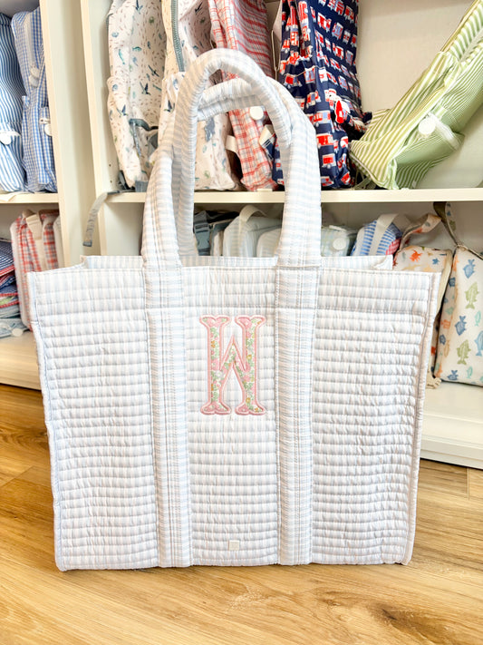 TRVL Blue Stripe Quilted Tote- single applique initial