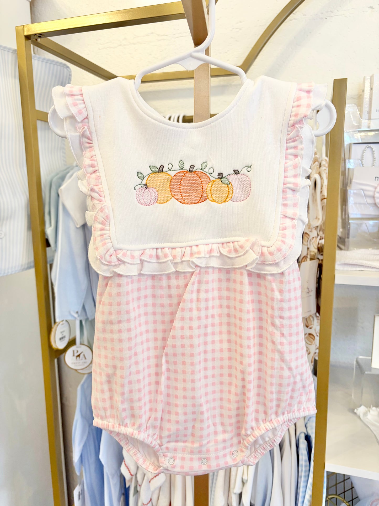 Pink Gingham Ruffle Bib Bubble - Pumpkin Design