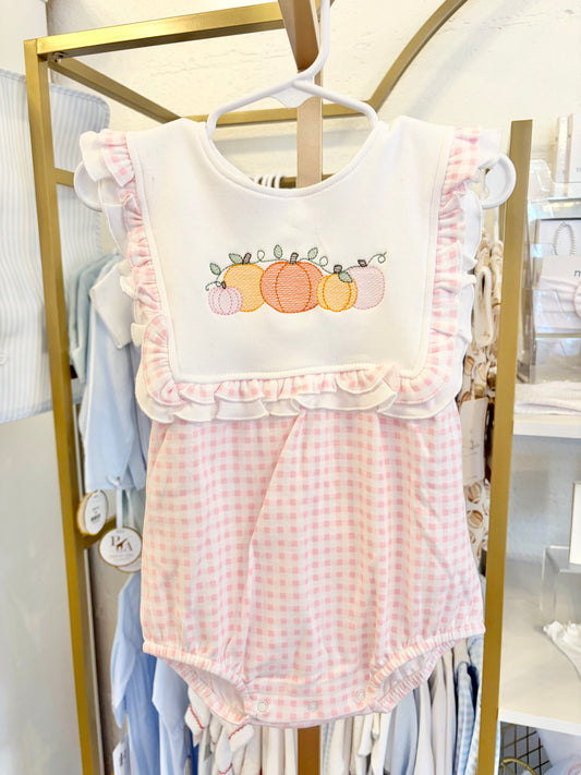 Pink Gingham Ruffle Bib Bubble - Pumpkin Design