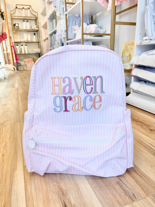 TRVL Pink Stripe Pimlico Backpacker - Charm Multicolor Name Font