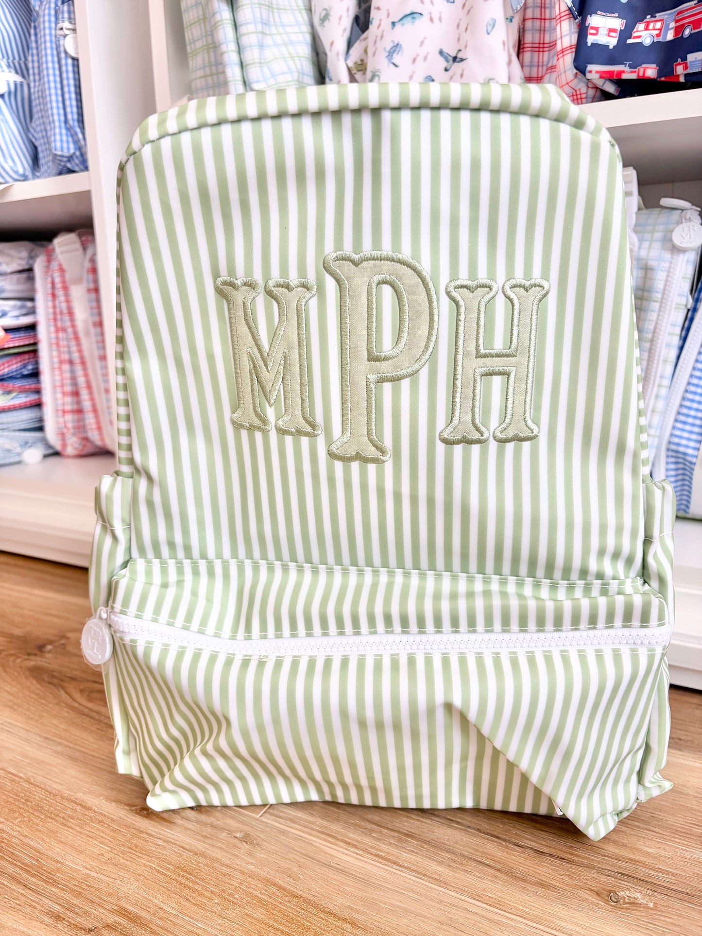 TRVL Pimlico Sage Stripe Backpack with 3 Initials