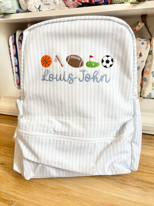 TRVL Blue Stripe Backpack - All Star Bubbly Font