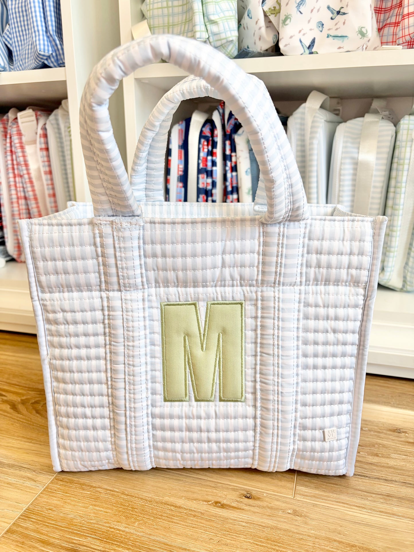 TRVL Pimlico Blue Stripe Mini Go Go Tote with Single Applique