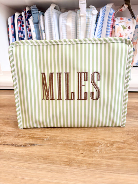 TRVL Pimlico Sage Stripe Large Roadie with Graved Font