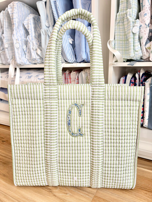 TRVL Pimlico Sage Stripe Quilted Tote with Single Initial Applique