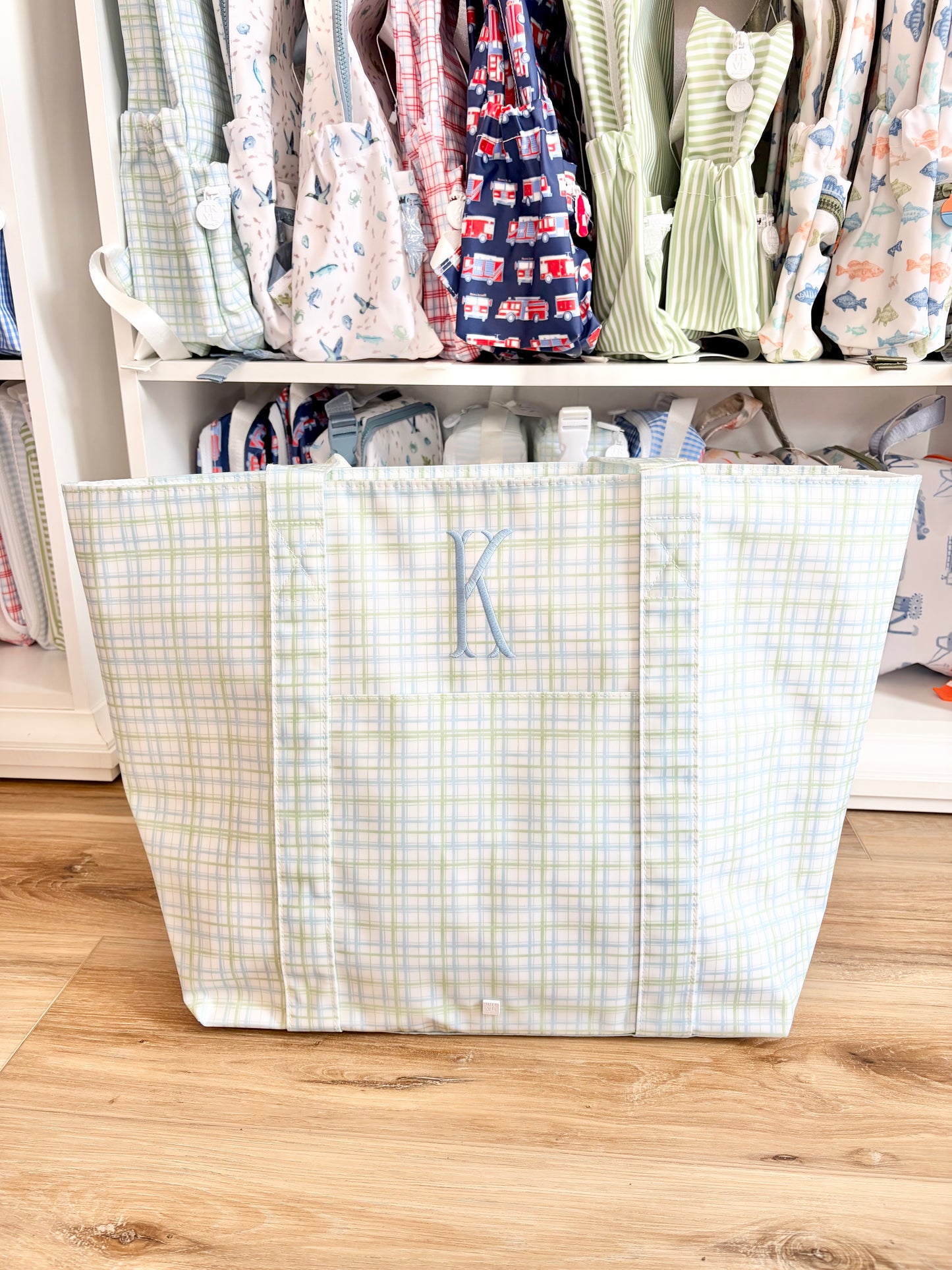 TRVL Classic Green Plaid XL Tote with Fishtail Font